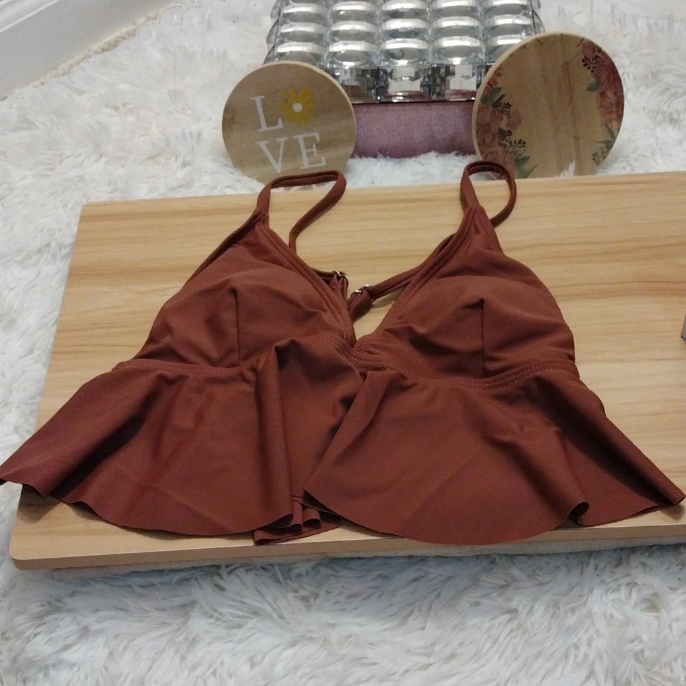 Brown Peplum Strappy Back Bikini Top Size Small 🆕